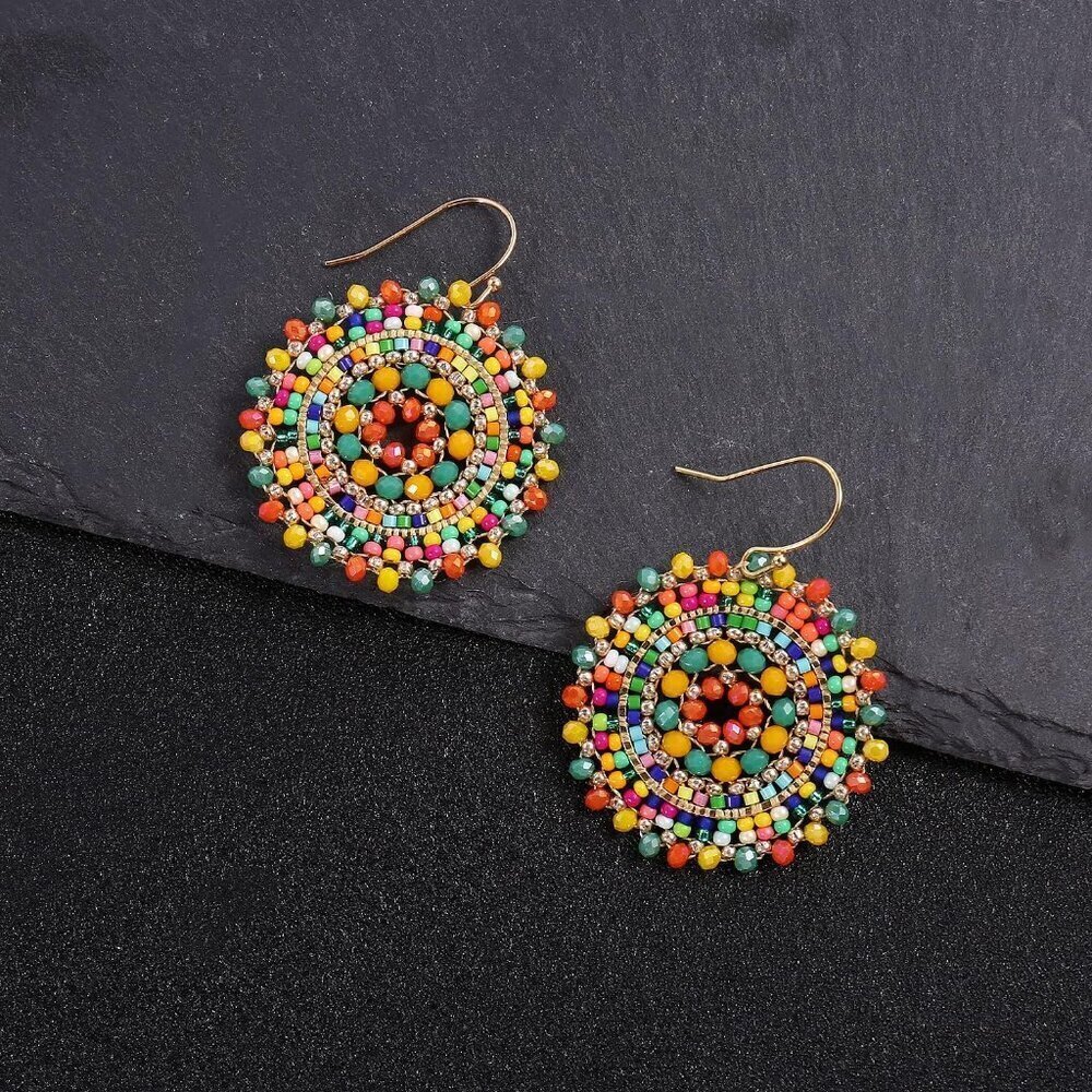 🆕 Women Yellow Summer Beaded Earrings Crystals Glass Dangle Drop Bohemia Lover - Picture 3 of 7